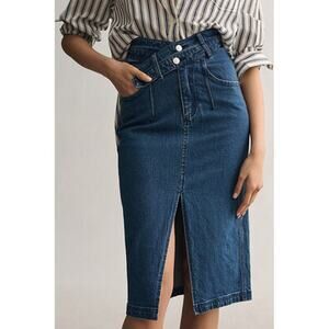 Anthropologie Pilcro The Arden Double Waist Midi Denim Skirt Size 10 Front Slit